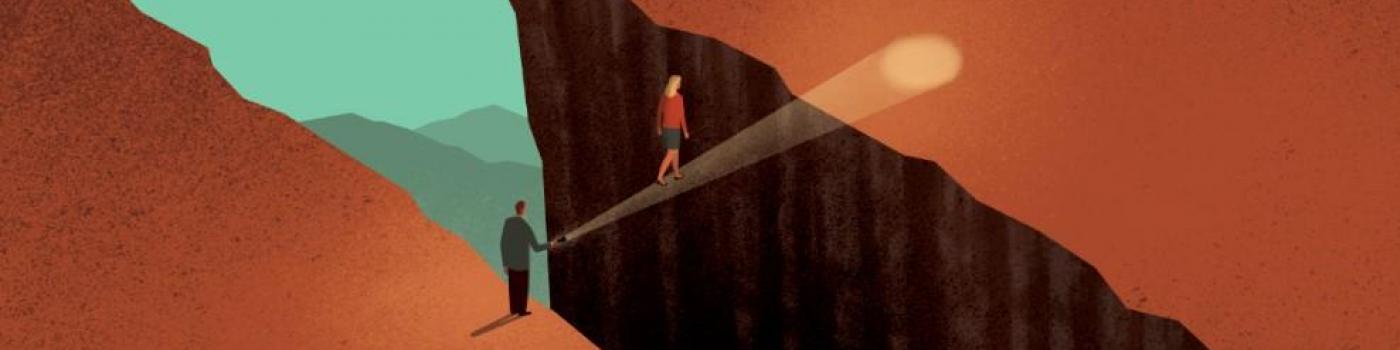 Illustration d'une femme sauvée de tomber dans un gouffre 