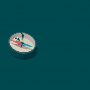 Illustration boussole et de deux personnes qui semblent perdues 